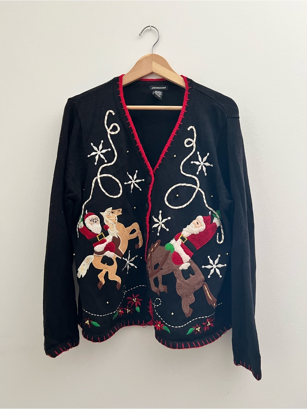 Vintage knitted Granny Christmas Cardigan Sweater with Santa Appliqués